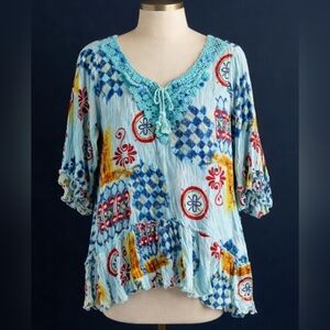 Minkas Boho Peasant Blouse XXL Blue Multicolour Crochet Neckline Tunic
